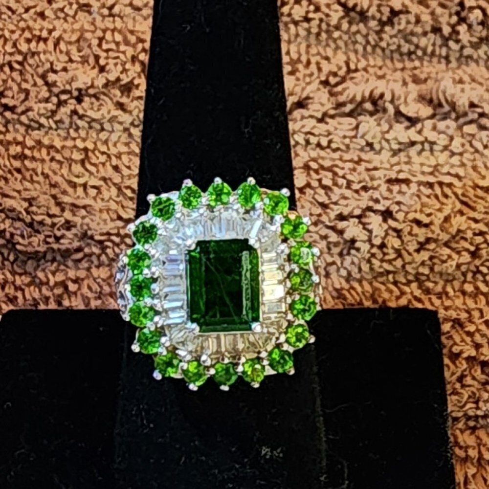 Vintage  Square Shape White Green Crystals CZ Ring 925 Sterling Silver